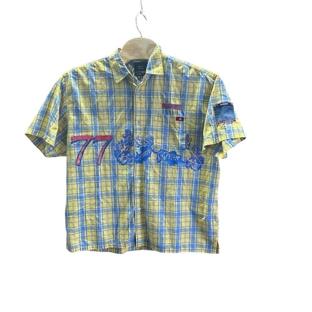 Bugle Boy Y2K Extra Large (XL) Yellow and Blue Plaid Short Sleeve